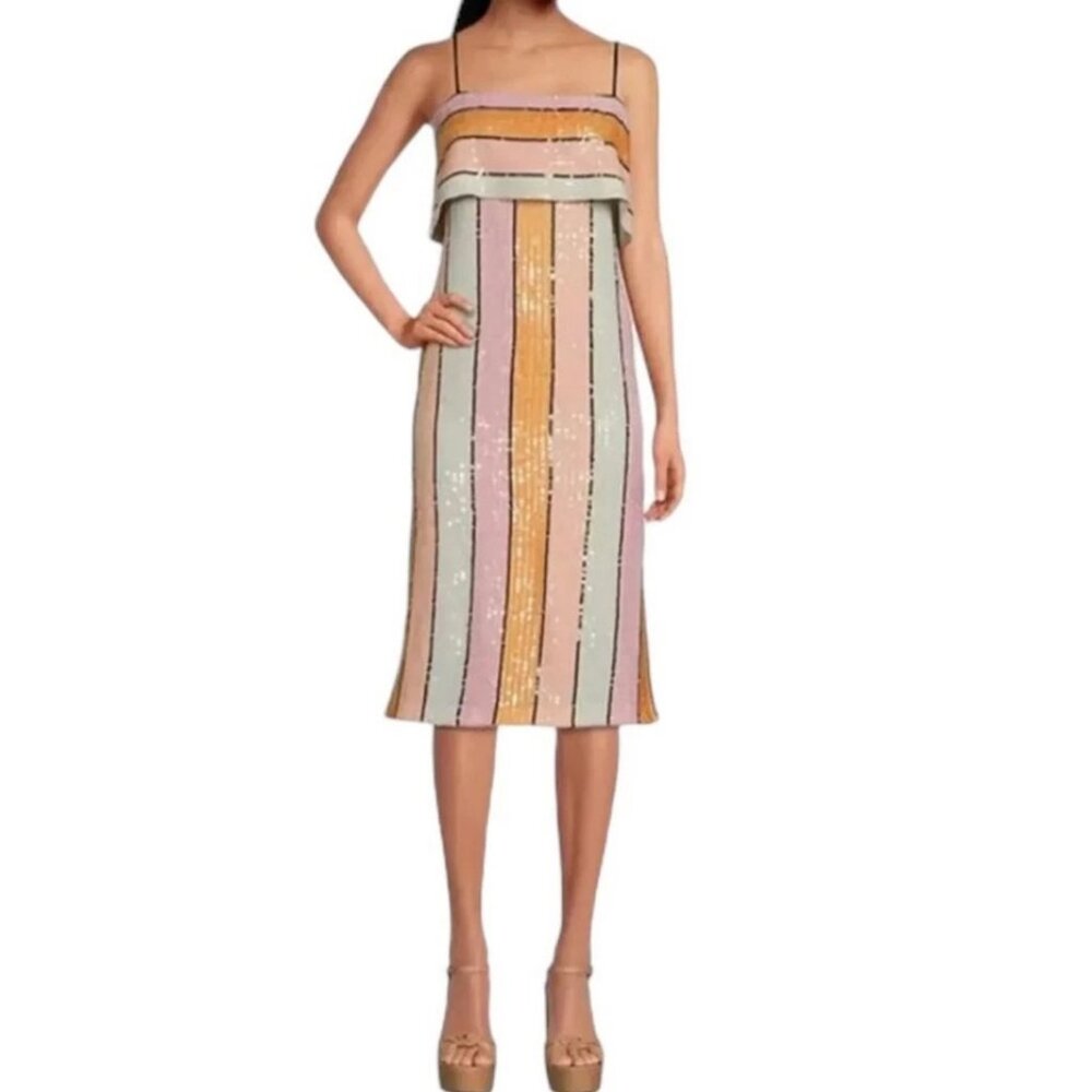 NWT Gianni Bini Pink Orange Halston Sequin Stripe Midi Dress Sleeveless. SZ 6 - Picture 2 of 5